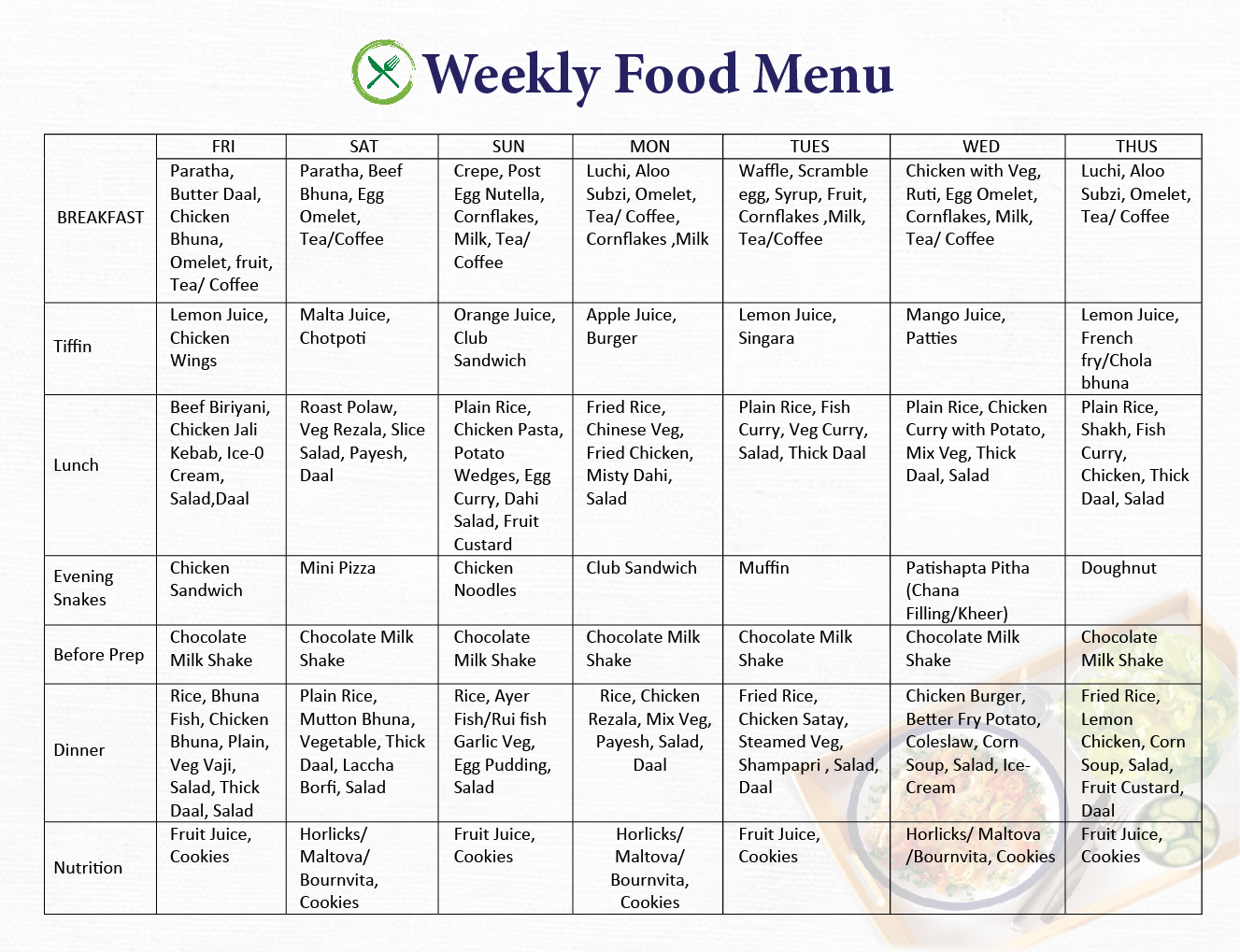 Weekly Food menu 2018-01